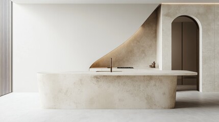 A modern kitchen with a long, light beige marble island countertop, a curved design, and light beige walls
