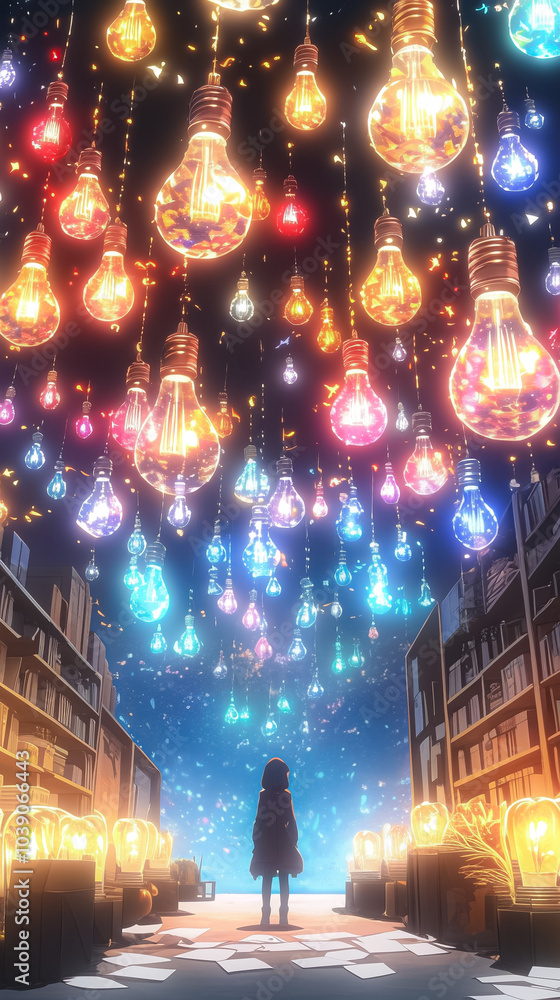 Poster a person stands in front of a building with a colorful light display
