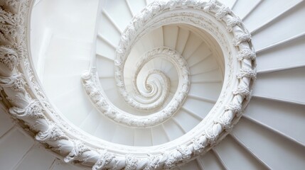 A spiral staircase, white and ornate, winding upwards.