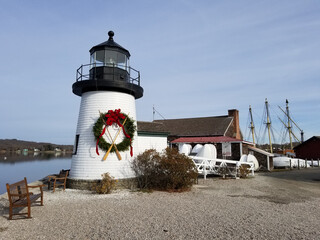 Mystic Connecticut Christmas Holiday Lighthouse and Ship