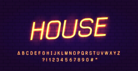 Obraz premium Neon font of house music in 90s - 2000s style. Retro futuristic neon light font type. Modern glowing font type alpрabet for karaoke bar, disco club, night pary. Neon signboard on brick wall background