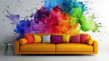 Vibrant Yellow Couch in Front of a Playful, Splattered Wall Design
