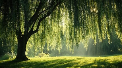 Naklejka premium A majestic willow tree dominates the scene, its long, graceful branches cascading downwards, creating a natural curtain of leaves. The light filters through the foliage, casting a soft glow on the lus