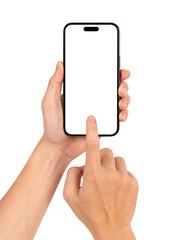 Hand using smartphone with blank screen isolated on white background.