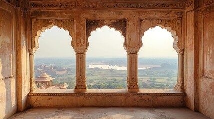 The image captures an interior view from a traditional architecture structure, featuring three ornate windows with finely crafted arches. The walls exhibit a textured finish with soft hues, enhancing 