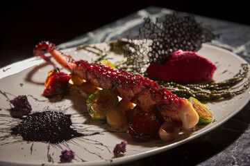 Octopus dish prepared like a work of art. Octopus dish garnished with grilled vegetables and special sauces. Aphrodisiac dishes, close-up