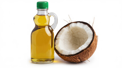 A bottle of coconut oil next to a whole coconut. The bottle is green and has a green cap