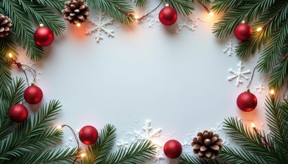 Copy space in the middle, surrounded with Christmas stuff Christmas tree, icicles, Christmas lights, copy space