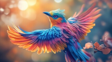 Obraz premium A colorful mythical bird with vibrant feathers poses majestically against a soft background