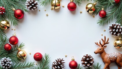 Copy space in the middle, surrounded with Christmas stuff jingle bells, reindeer figurines, snow-dusted pinecones, copy space
