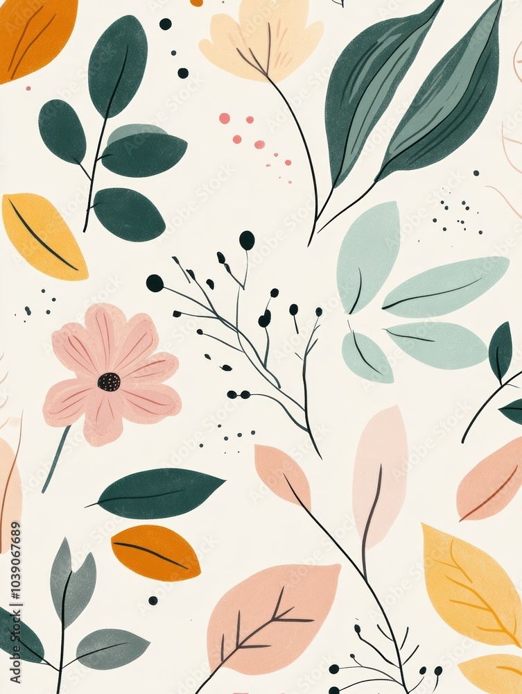Poster Colorful leaves and flowers in a minimalist style combine to form a tranquil and inviting nature-inspired design that pleases the eye. Generative AI