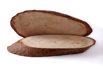 two oval oblong plate made of wooden cut isolated on white background