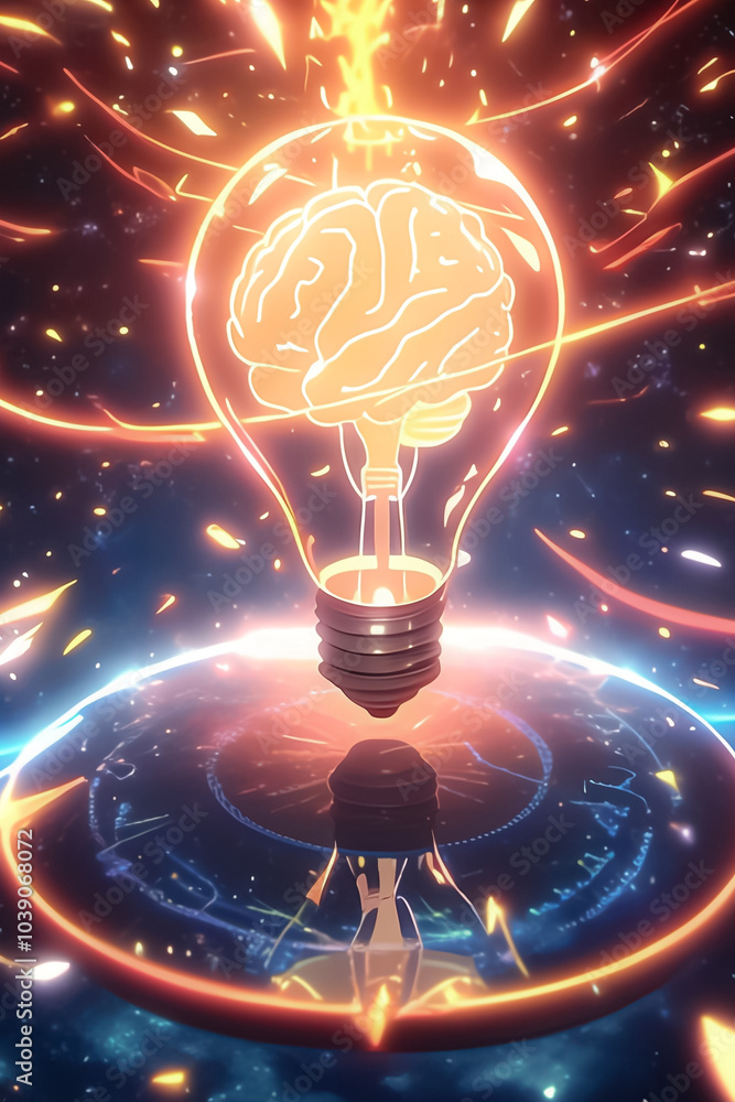 Poster abstract light background with bokeh and human brain illustrating technology and intelligence