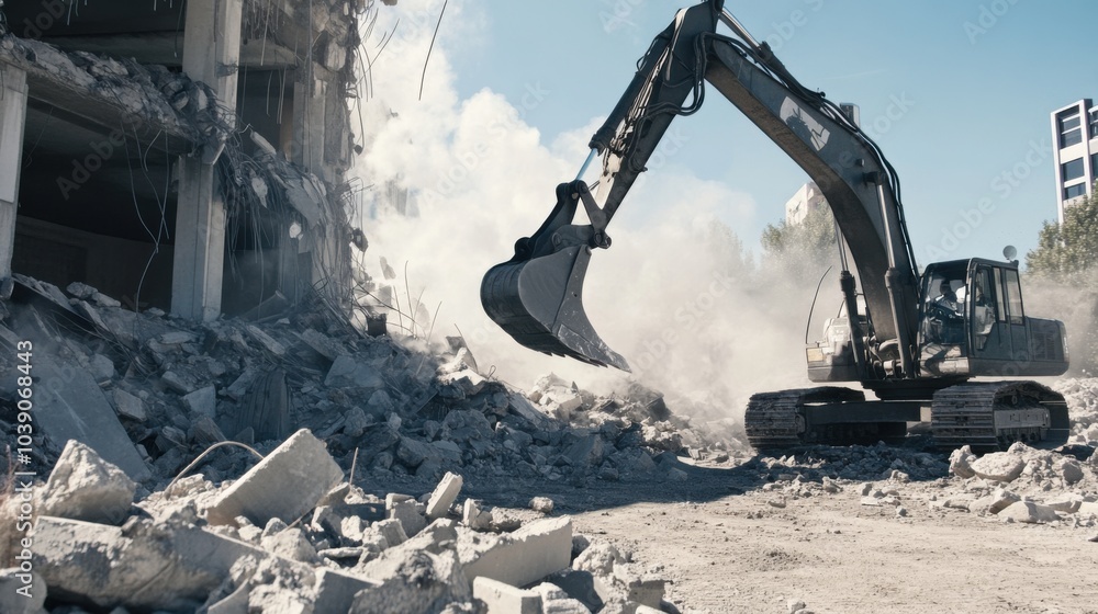 Poster a dynamic shot of a demolition crew using heavy machinery to dismantle a concrete structure, demolit