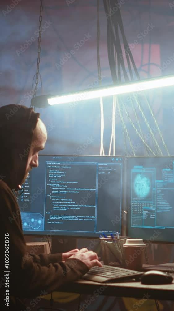 Poster vertical video hacker in foggy neon illuminated basement with graffiti drawings on walls using advan