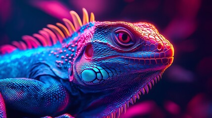 Fototapeta premium Colorful iguana in neon colors and dark background with a close up view