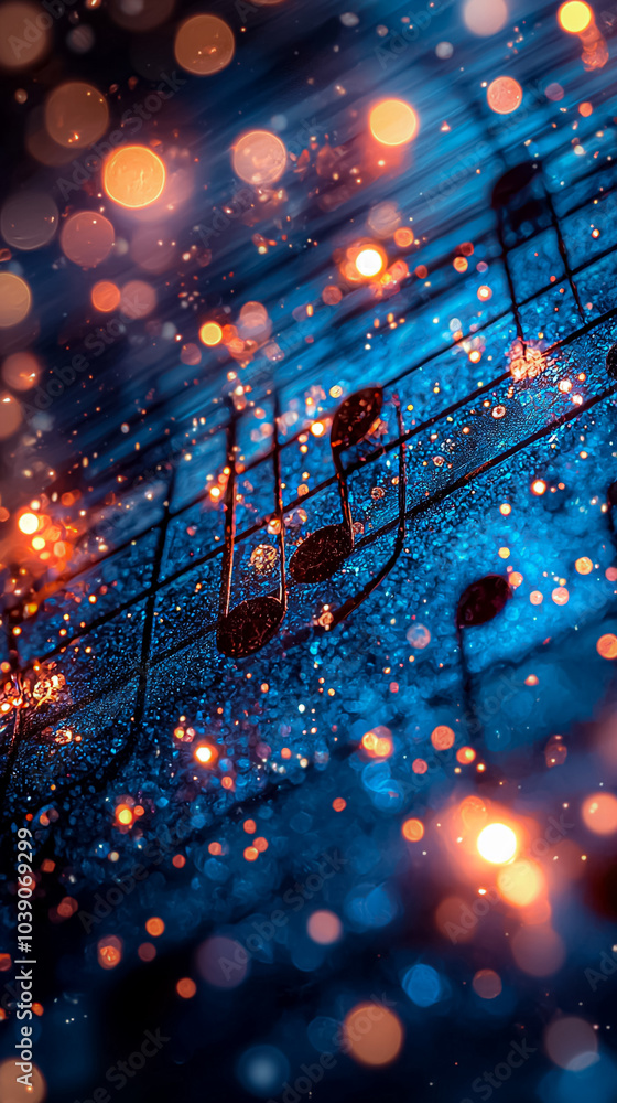 Poster a blurry image of a sheet of music with notes and dots