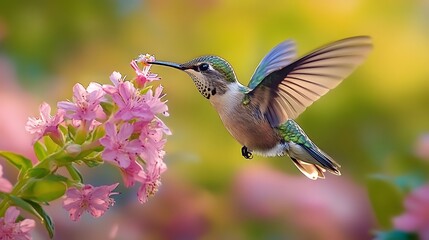 Obraz premium Hummingbird pollinating flowers in a bright garden setting hummingbird sipping nectar from a vibrant