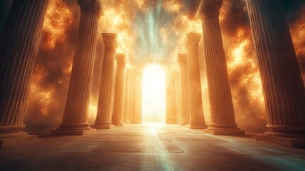 Majestic gates of heaven opening, surrounded by radiant beams of light, symbolizing eternal peace and the rewards of heaven, abstract divine glow