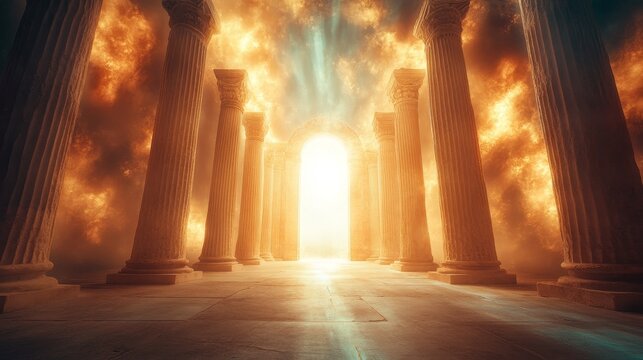 Majestic gates of heaven opening, surrounded by radiant beams of light, symbolizing eternal peace and the rewards of heaven, abstract divine glow