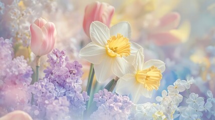 Obraz premium A fresh, spring-inspired banner with a bouquet of daffodils, tulips, and lilacs, with soft, pastel backgrounds that evoke the renewal of the season