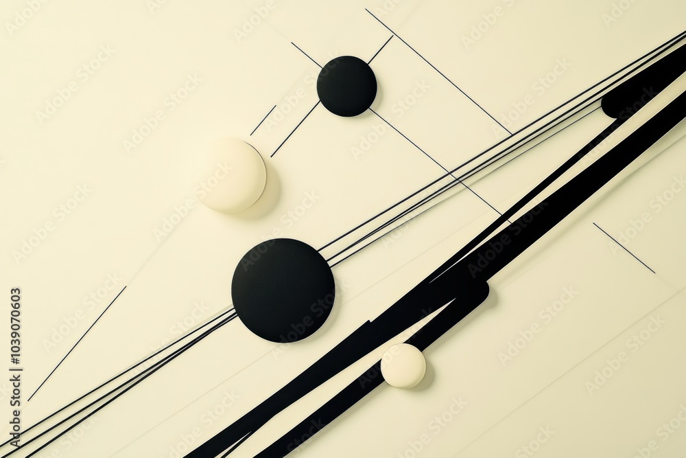 Poster A creative arrangement of black diagonal lines crosses a light backdrop, intersecting circles of various sizes, creating a dynamic visual effect. Generative AI