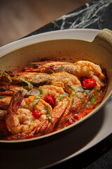 Oven baked jumbo shrimps. Large shrimps cooked with tomatoes and sauce. Close-up, stylish food