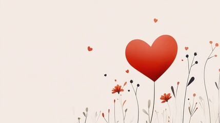 Whimsical Heart and Floral Minimalist Valentine's Day Art
