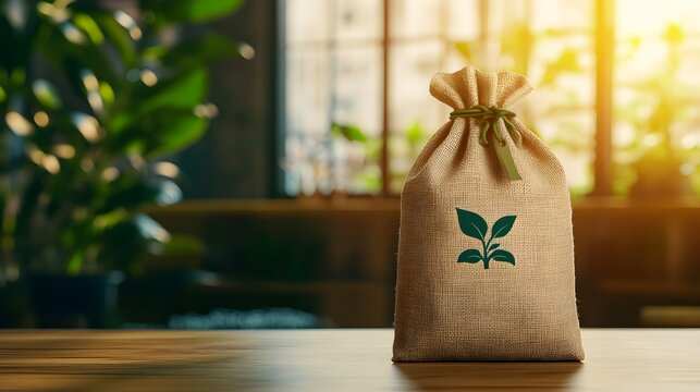 Eco-friendly coffee bag crafted from jute material, green branding, in a warm, inviting coffee shop, sunlight through windows, isolated on white background