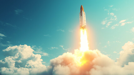 Space rocket launching into clear blue sky with fiery trail, representing innovation, exploration, and ambitious goals in space industry