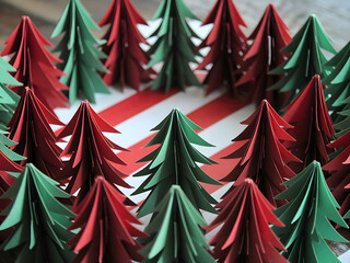 Decoración navideña con árboles rojos y verdes hechos a mano en papel con espacio en blanco
