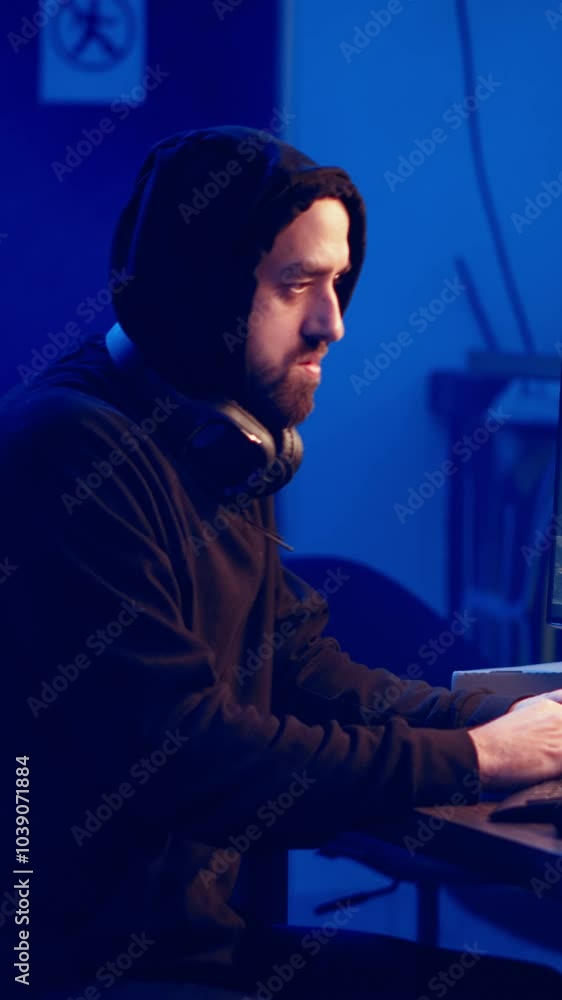 Poster vertical video hooded hacker creating pirating crack for software and video game releases in bunker.