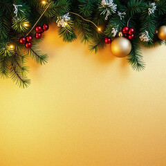 christmas garland mock up copy space, yellow background, merry christmas and happy new year