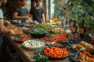 Fototapeta premium Friends preparing a meal together, combining efforts to create something special while bonding over shared tasks. Concept of friendship.