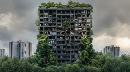 Fototapeta premium a half-buried skyscraper, its windows shattered and its structure collapsing, with tall trees growing around and inside it, illustrating nature conquest over human-built environments