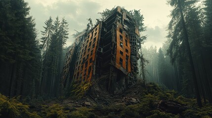 a half-buried skyscraper, its windows shattered and its structure collapsing, with tall trees growing around and inside it, illustrating nature conquest over human-built environments