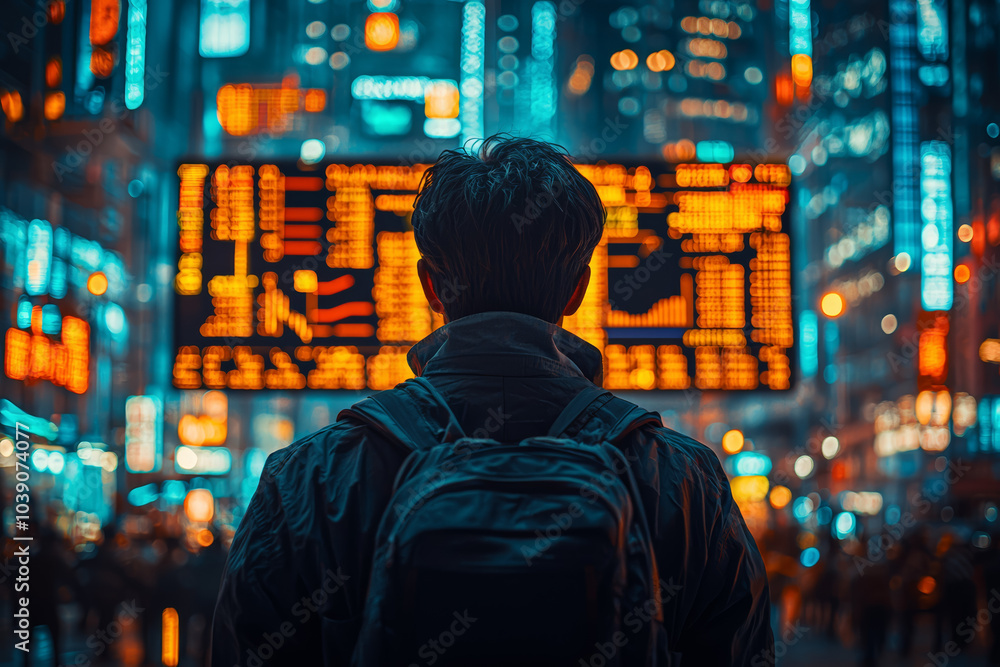 Poster a trader following global stock indices, demonstrating the interconnectedness of world markets and t