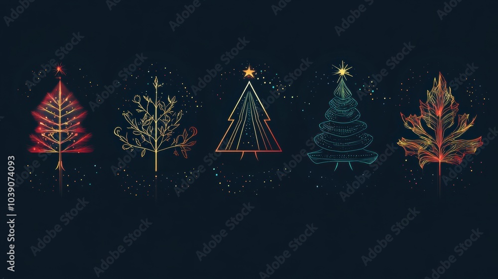 Poster Glowing lines create minimalist silhouettes of Christmas trees and ornaments, illuminating against a dark background for a festive spirit. Generative AI