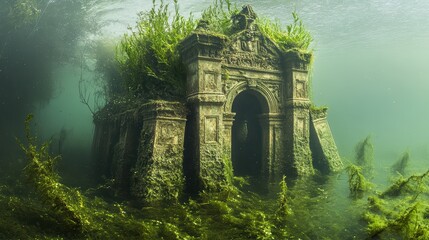 Fototapeta premium a sinking monument, half-submerged in murky waters, with algae and aquatic plants growing over it, showing the Earth's relentless reclamation of human culture and history