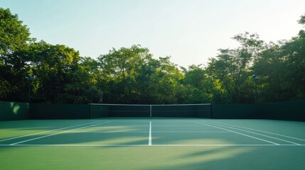 Obraz premium A tranquil outdoor tennis practice court with freshly painted lines and a backdrop of dense greenery and a clear sky, early morning light creating a serene ambiance, Minimalist style