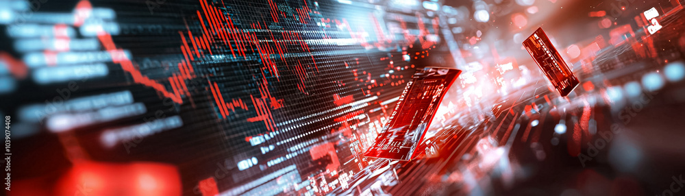 Poster a computer screen with red and blue lines and a red and blue square