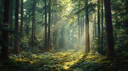 Obraz premium A serene forest scene bathed in soft, natural light. Towering trees with thick trunks rise majestically, surrounded by lush green foliage. The ground is carpeted with a mix of grass and ferns, creatin
