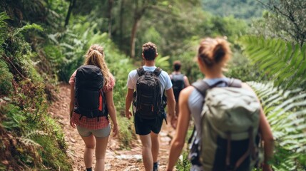 A group of friends hike through a lush green forest on a sunny day.