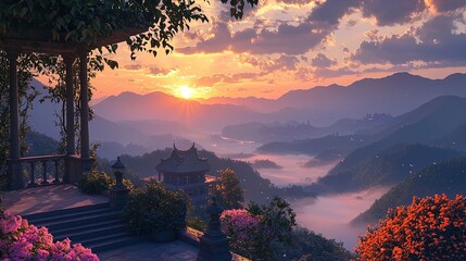 A breathtaking view of a misty landscape at sunset, featuring dramatic mountains in the background that fade into a soft blue hue. The sun, a radiant orange orb, is setting between the mountain peaks,