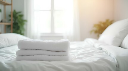 White towel on the bed in a bright room with space for text, created with Generative AI technology, bedroom or bathroom hand towel in expensive comfort house or apartment