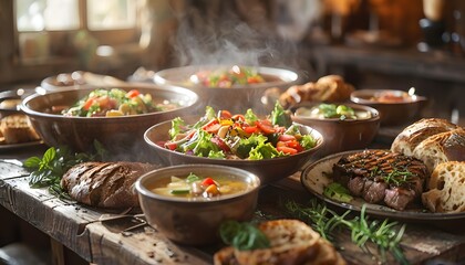 Obraz premium Rustic Table with Fresh Dishes