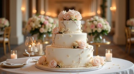 Fototapeta premium Luxury wedding cake on the table wedding table setting and decoration