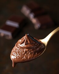 Fototapeta premium A spoonful of rich chocolate mousse garnished with a vanilla bean and chocolate squares in the background.