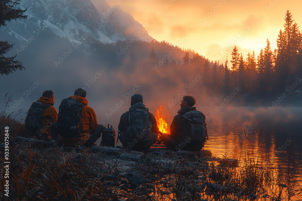 Poster A group of friends gathering around a campfire, telling stories and laughing, celebrating their friendship in the glow of the fire. Concept of friendship.