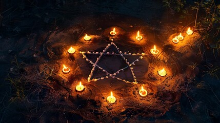 A circle of candles surrounding a pentagram drawn on the ground during a...